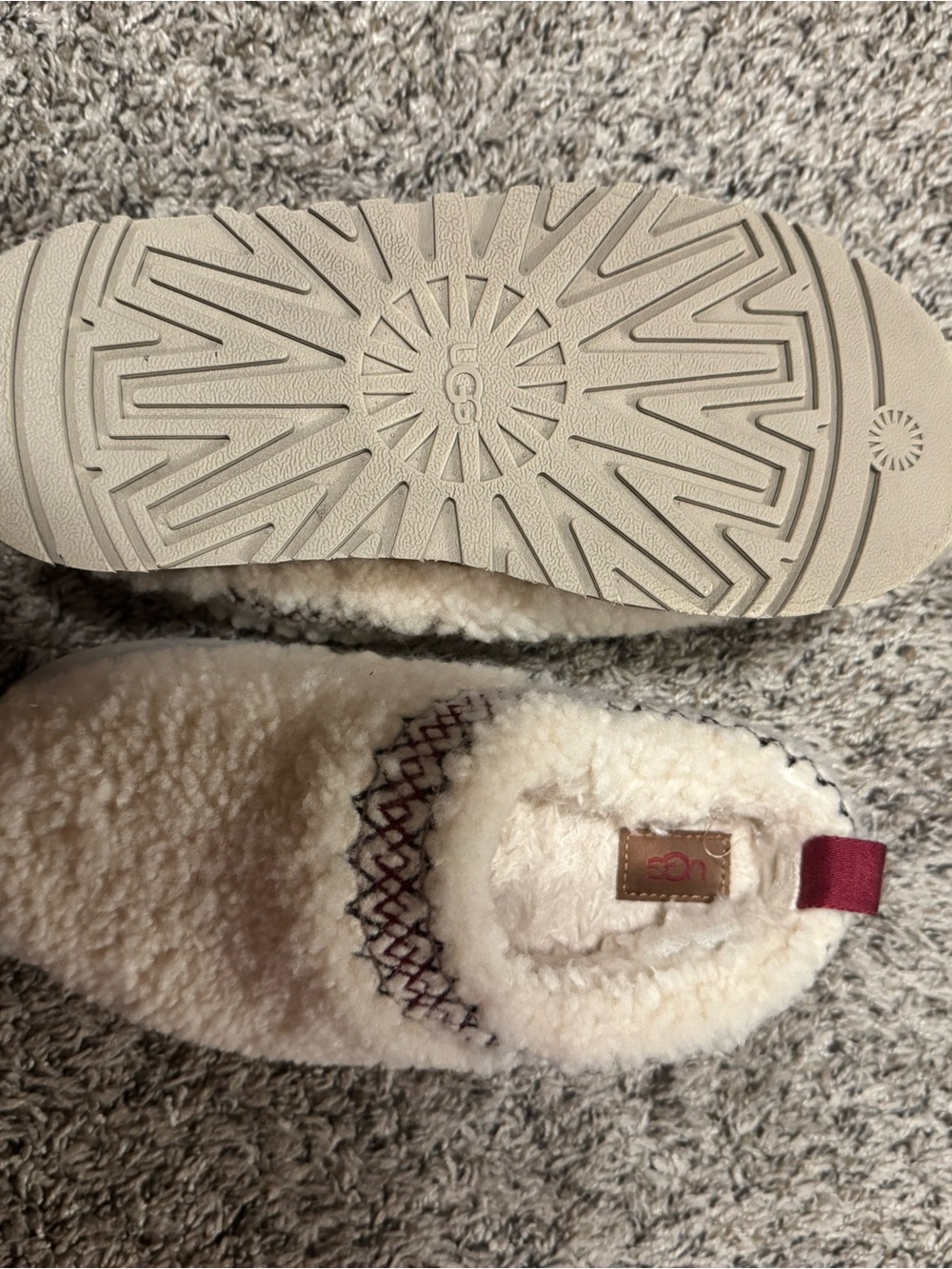 UGG Cream Shearling Slippers with Burgundy Pull Tab